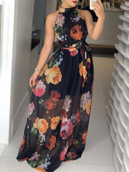 Floral Print Round Neck Maxi Dress for Women DRE210428079BLAS Black / S