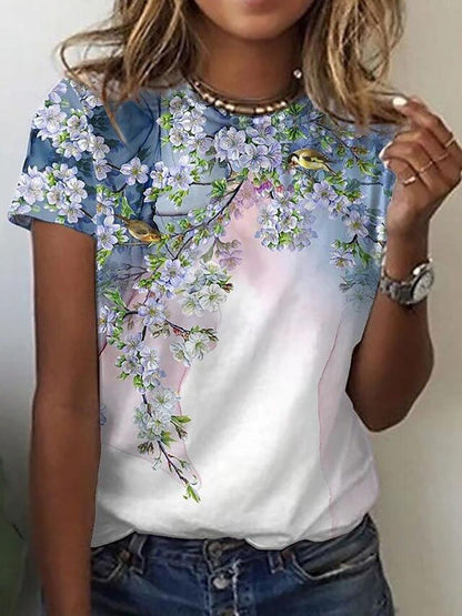 Floral Print Round Neck Short Sleeve T-Shirt TSH2107271574BLUS Blue / S