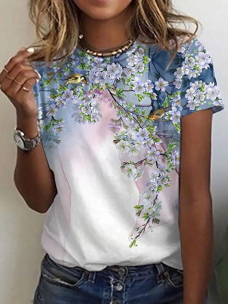 Floral Print Round Neck Short Sleeve T-Shirt