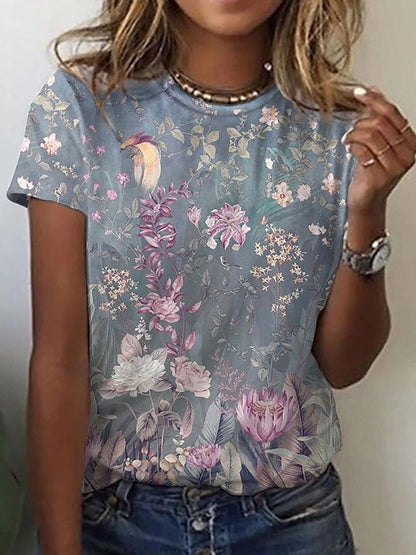 Floral Print Round Neck Short Sleeve T-Shirt TSH2107271574GRAS Gray / S