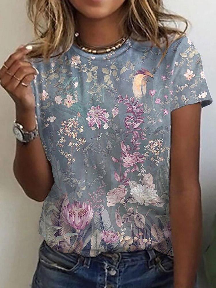 Floral Print Round Neck Short Sleeve T-Shirt