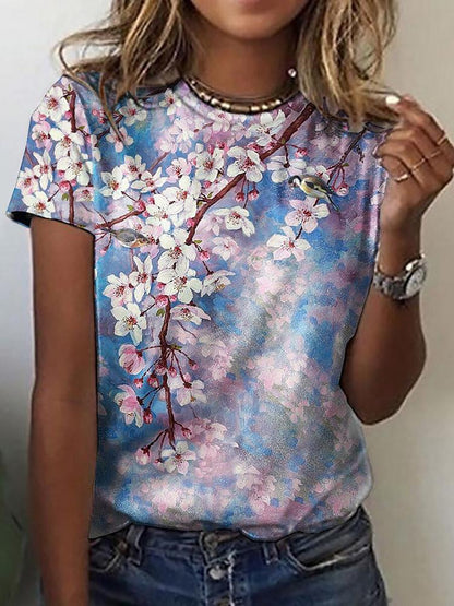 Floral Print Round Neck Short Sleeve T-Shirt TSH2107271574PINS Pink / S