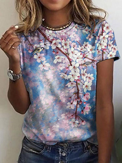 Floral Print Round Neck Short Sleeve T-Shirt