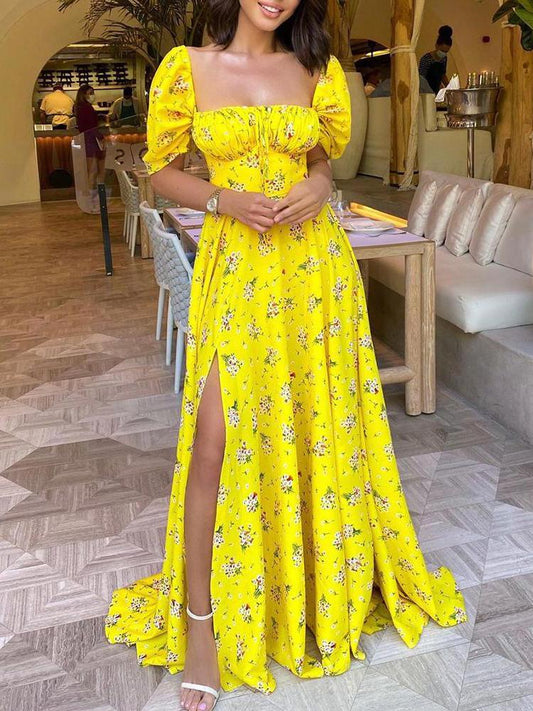 Floral Print Ruched High Slit Maxi Dress DRE210428089YELS Yellow / S