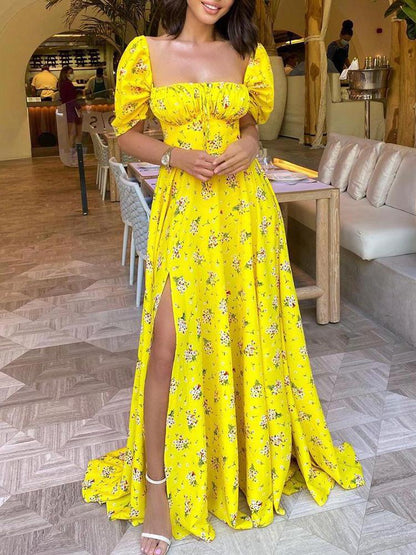 Floral Print Ruched High Slit Maxi Dress for Women DRE210428089YELS Yellow / S