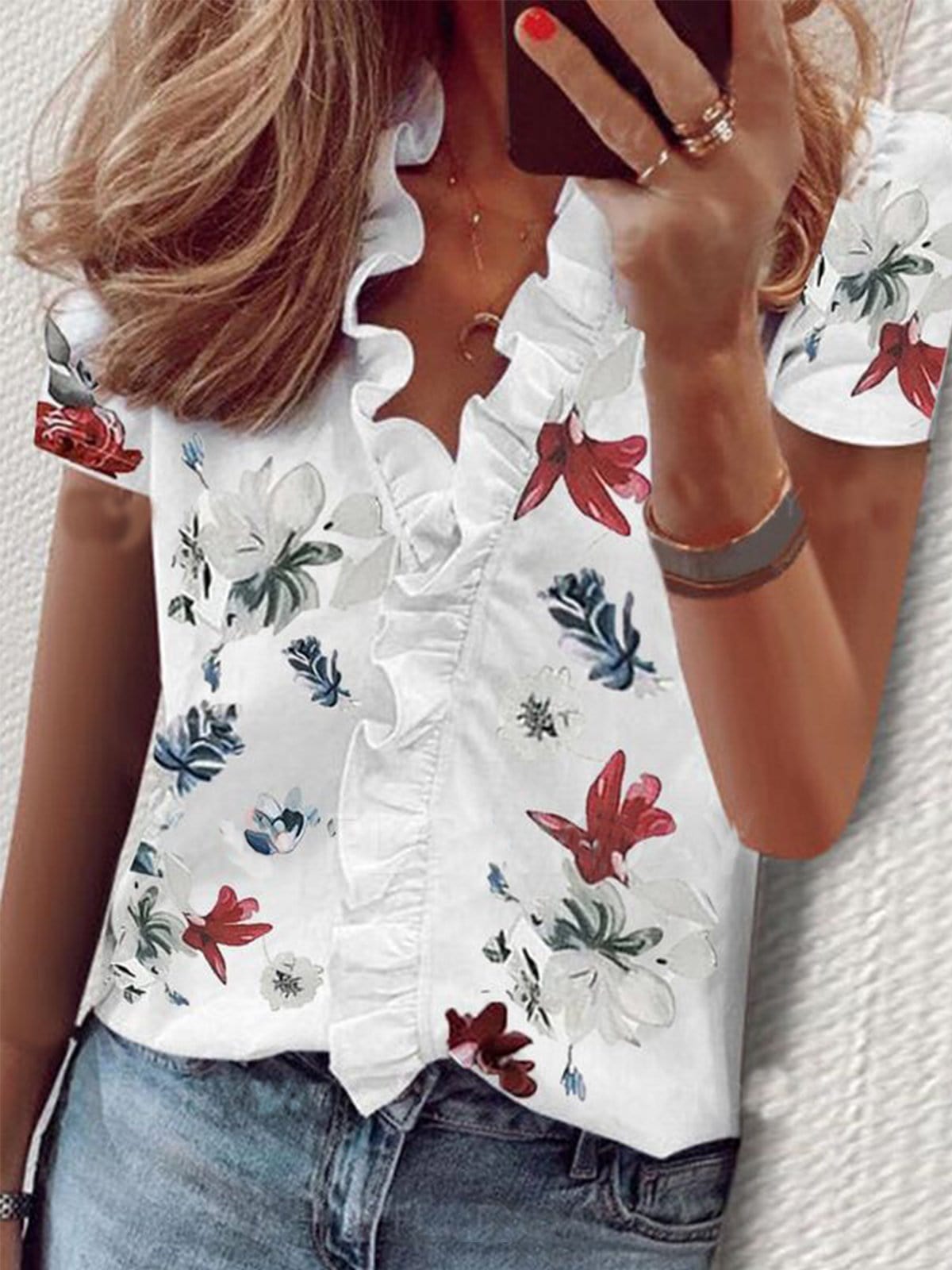 Floral Print Ruffle Short Sleeve Blouses BLO2107221246WHIS White / S