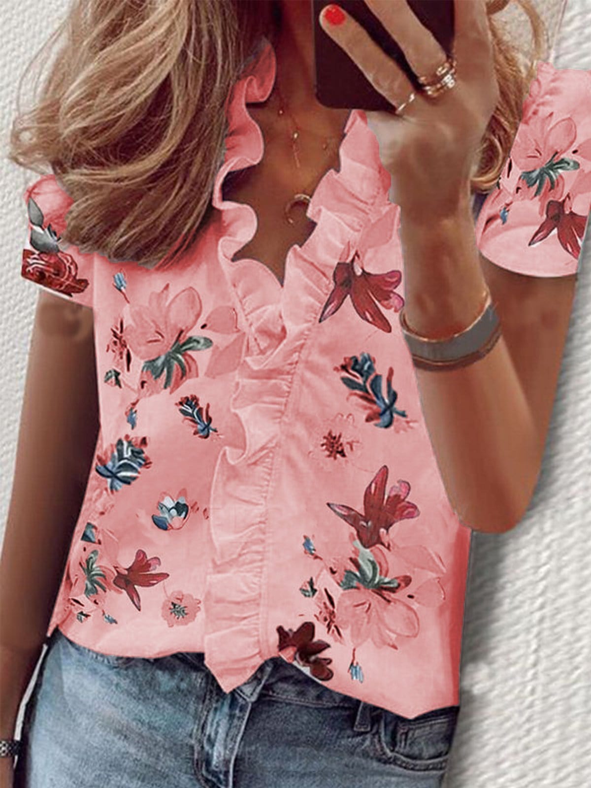 Floral Print Ruffle Short Sleeve Blouses BLO2107221246PINS Pink / S