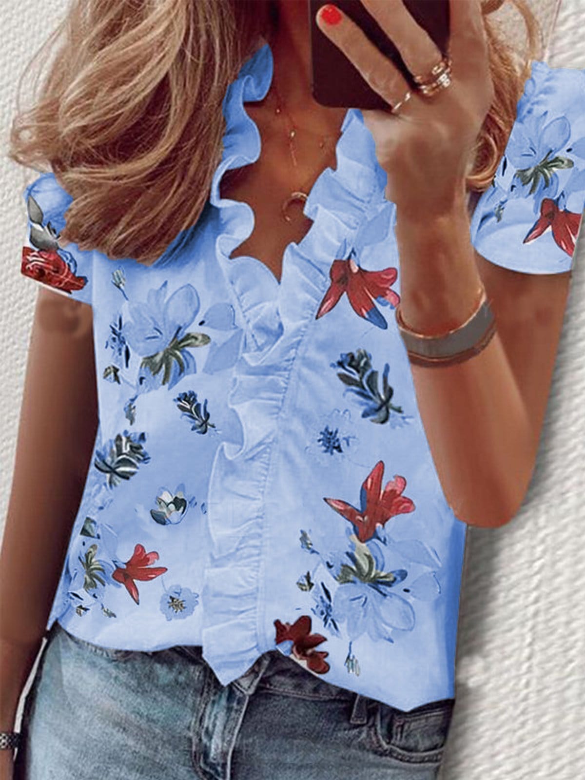 Floral Print Ruffle Short Sleeve Blouses BLO2107221246BLUS Blue / S