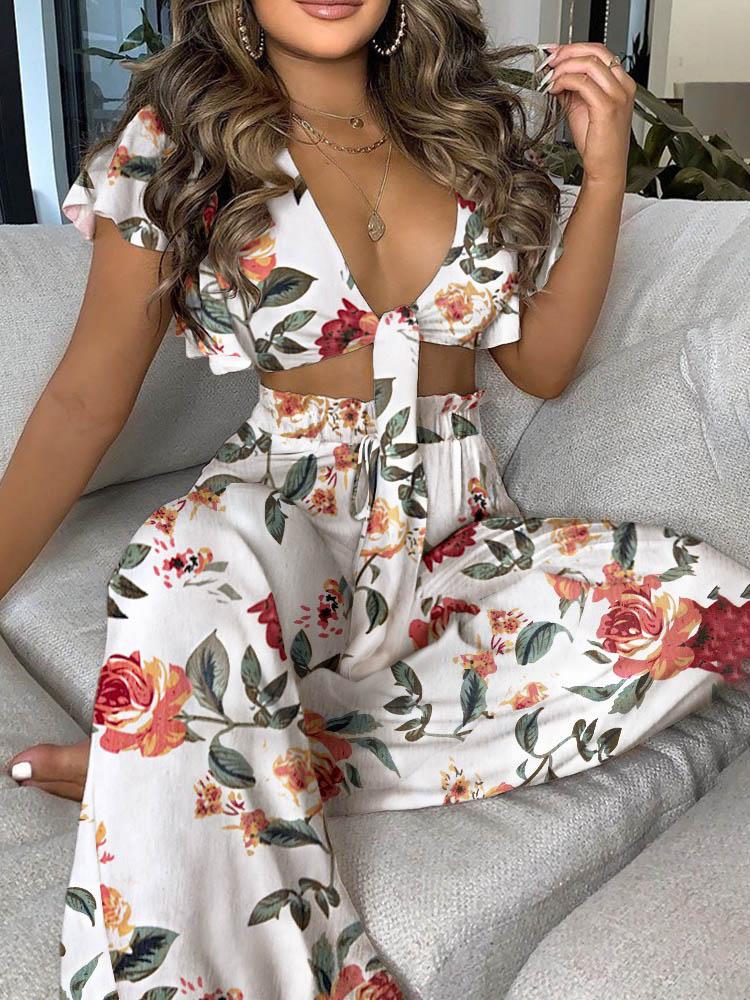 Floral Print Ruffles Knotted Front Top & High Waisted Pants Set for Women