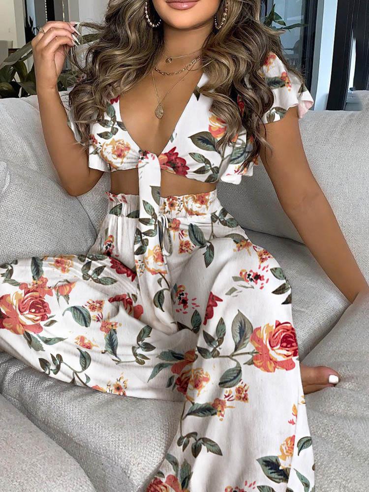 Floral Print Ruffles Knotted Front Top & High Waisted Pants Set for Women