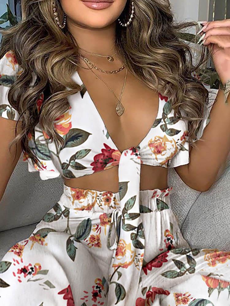 Floral Print Ruffles Knotted Front Top & High Waisted Pants Set for Women