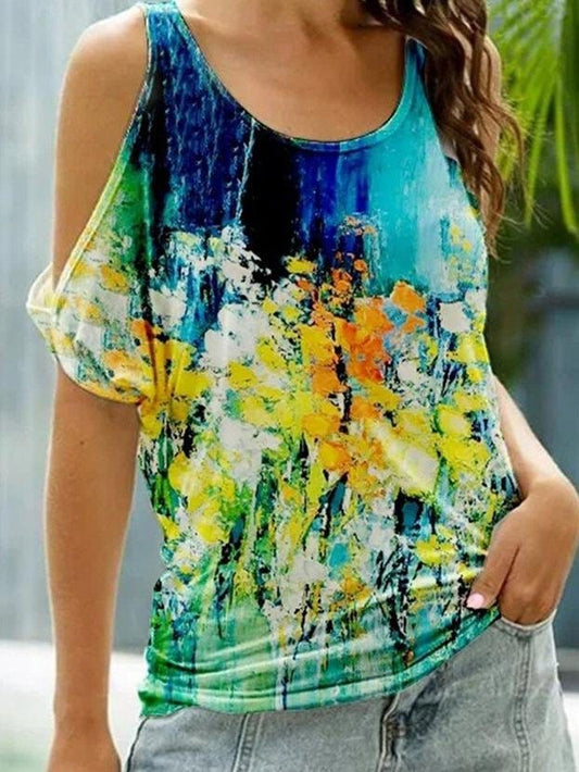 Floral Print Short Sleeve Off The Shoulder Casual T-Shirt TSH2107171506MULS Multicolor / S