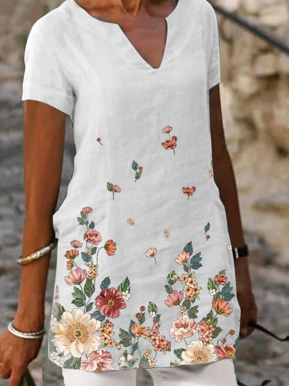 Floral Print Short Sleeve V-Neck Casual T-Shirts