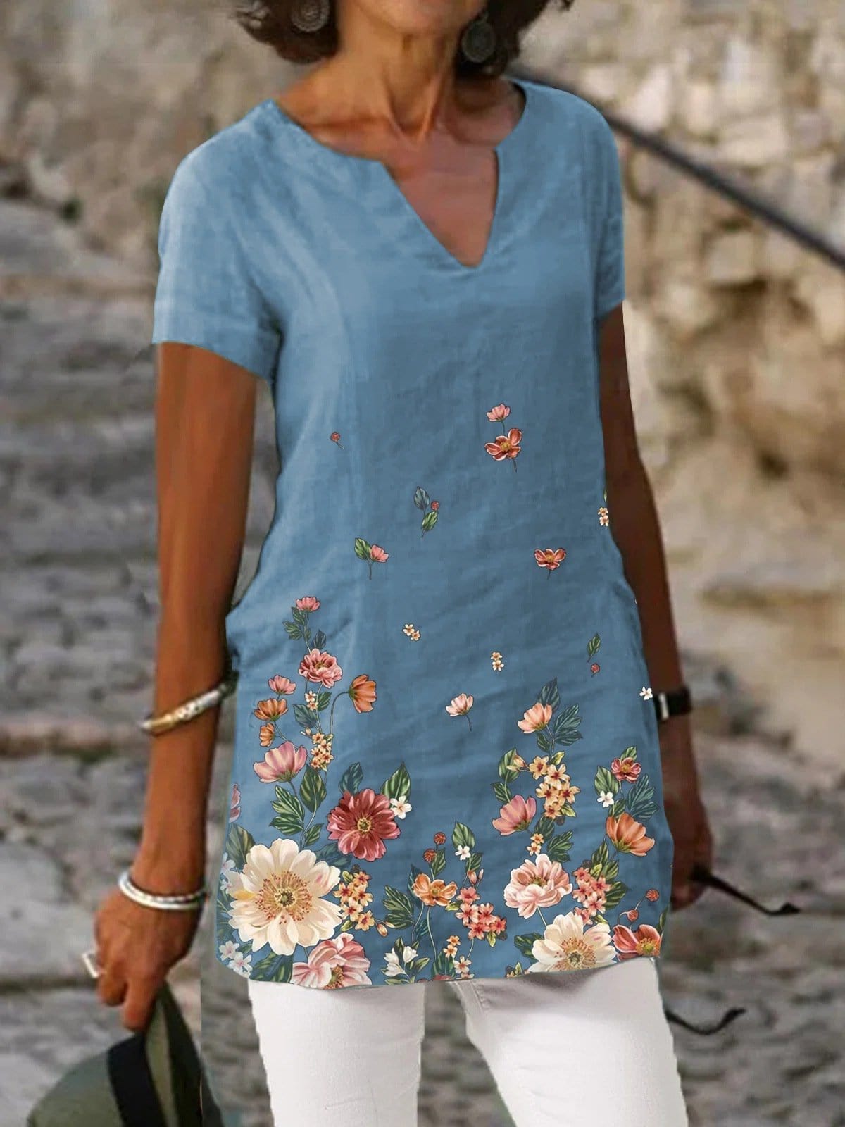 Floral Print Short Sleeve V-Neck Casual T-Shirts TSH2106210479BLUS Blue / S