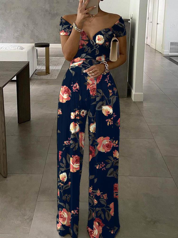 Floral Print Short Sleeve Wide Leg Jumpsuit for Women