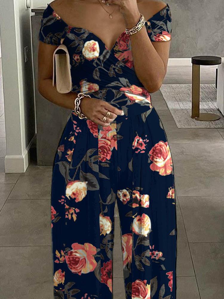 Floral Print Short Sleeve Wide Leg Jumpsuit for Women