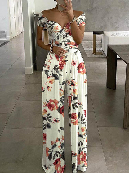 Floral Print Short Sleeve Wide Leg Jumpsuit for Women