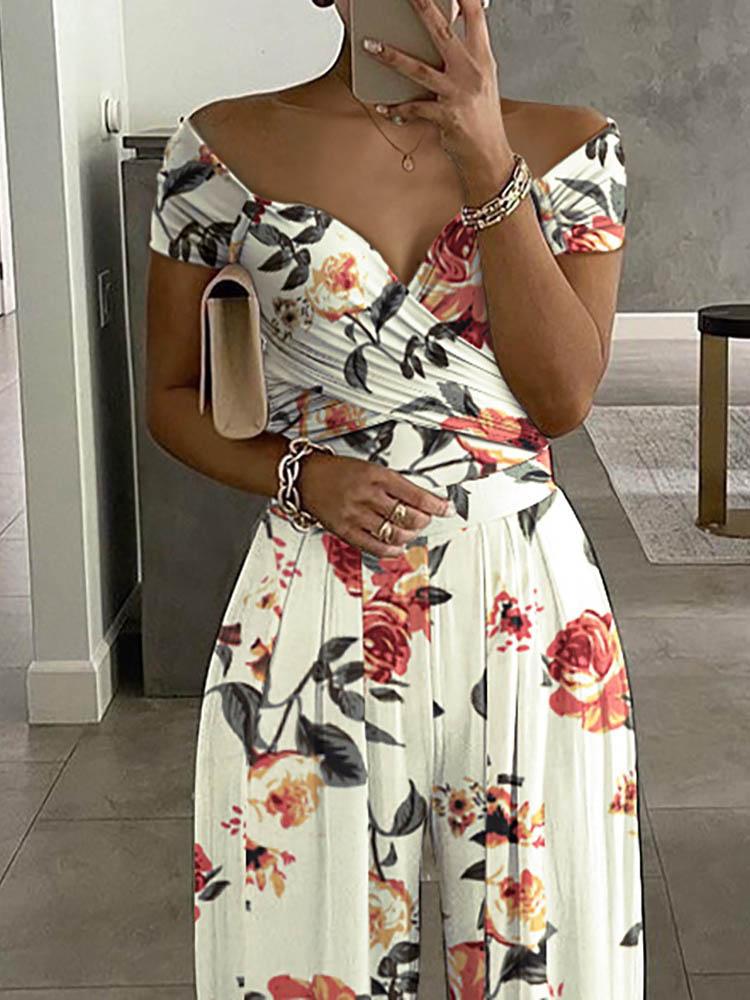 Floral Print Short Sleeve Wide Leg Jumpsuit for Women