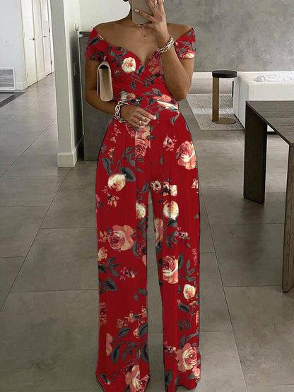 Floral Print Short Sleeve Wide Leg Jumpsuit for Women