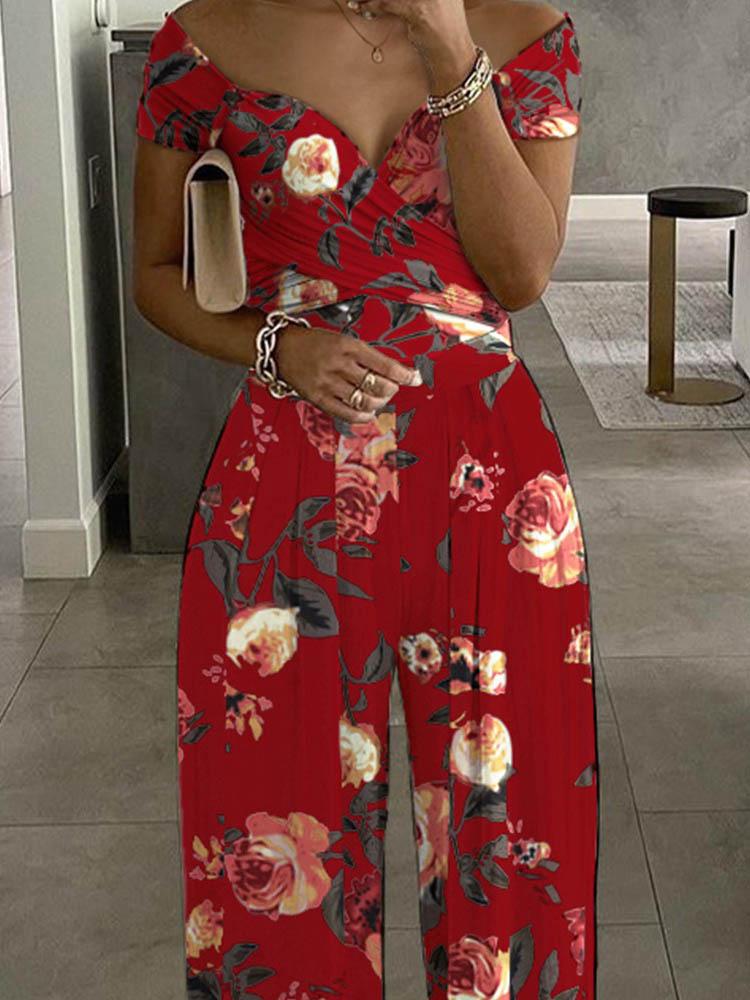 Floral Print Short Sleeve Wide Leg Jumpsuit for Women