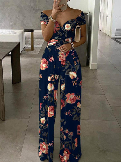 Floral Print Short Sleeve Wide Leg Jumpsuit for Women JUM210429013BLUS Purplish Blue / S