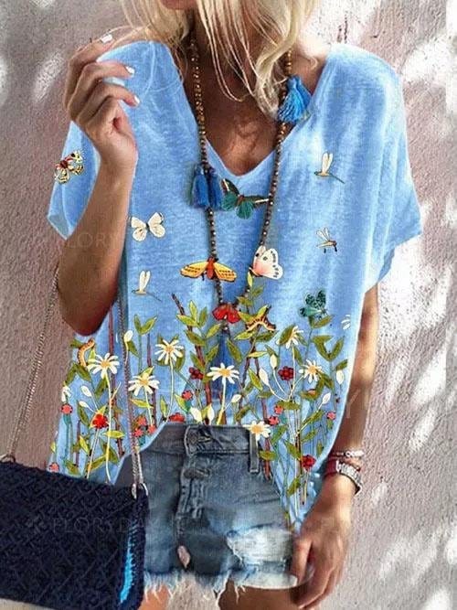 Floral Print Short-sleeved Loose V-neck Top TSH2107261554BLUS Blue / S