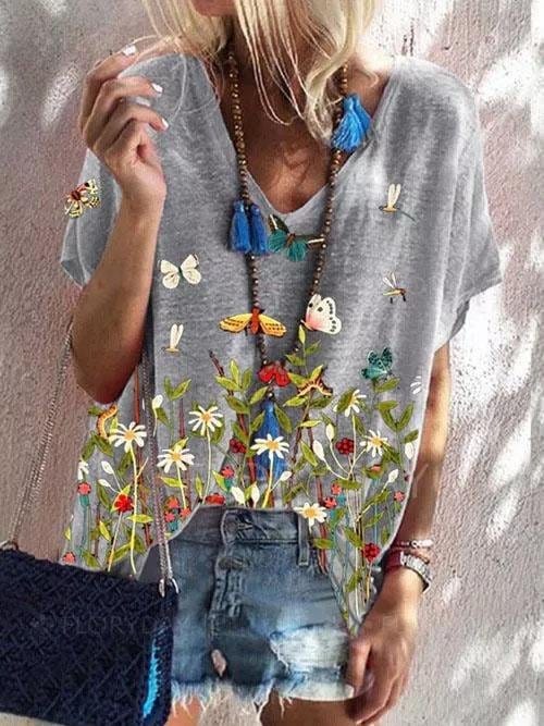 Floral Print Short-sleeved Loose V-neck Top TSH2107261554GRAS Gray / S