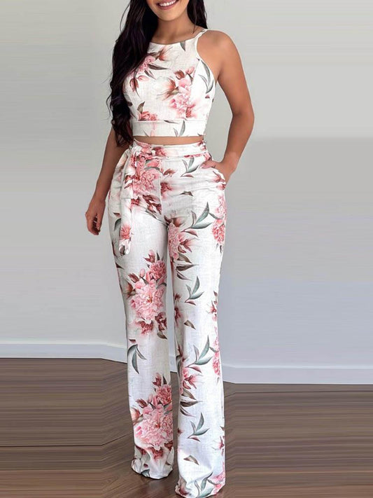 Floral Print Sleeveless Top & Pants Set for Women SET210504062S White / S