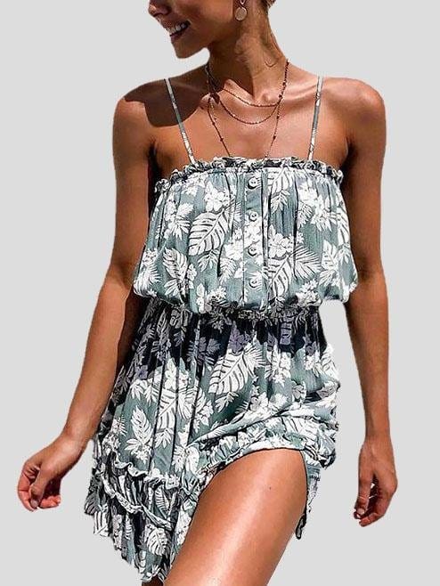 Floral Print Stitching Strap Dress DRE2107171989GRES Green / S