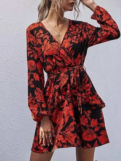 Floral Print Surplice Neck Ruffle Hem Belted Dress 1DRE210427034REDS Red / S