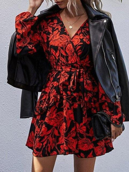 Floral Print Surplice Neck Ruffle Hem Belted Dress