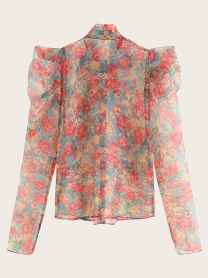 Floral Print Tie Neck Organza Blouse