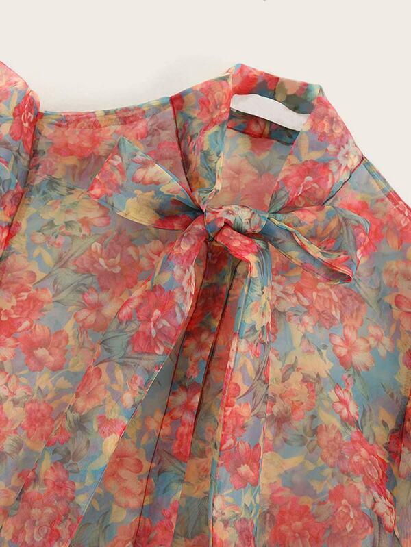 Floral Print Tie Neck Organza Blouse