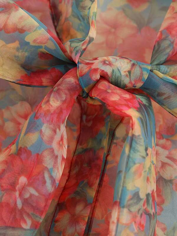 Floral Print Tie Neck Organza Blouse