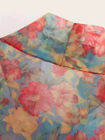 Floral Print Tie Neck Organza Blouse