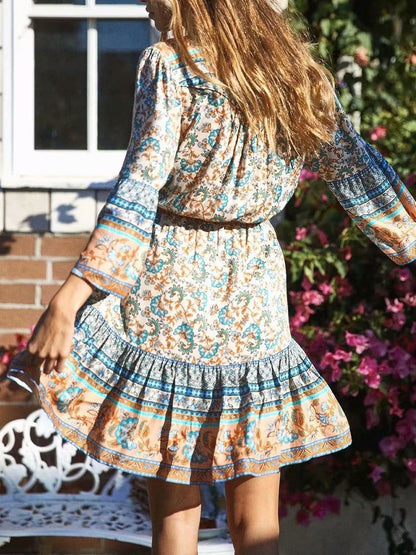 Floral Print V-neck Flared Sleeve Bohemian Dress