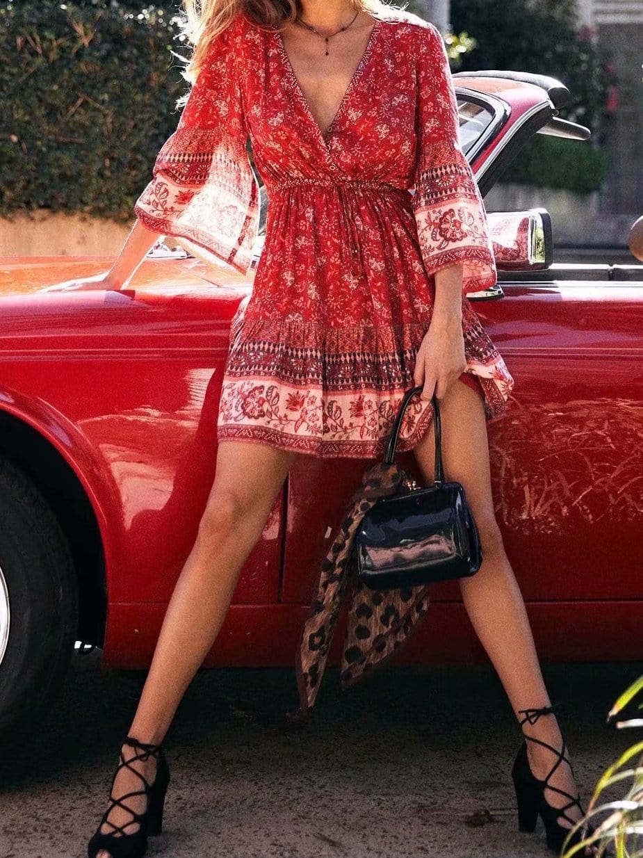 Floral Print V-neck Flared Sleeve Bohemian Dress