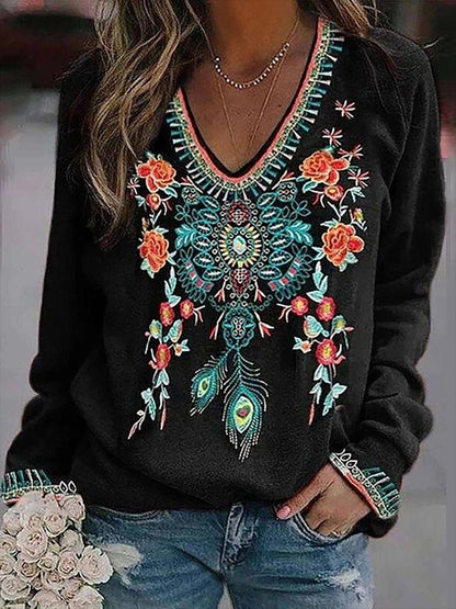 Floral Print V-Neck Long Sleeve T-Shirt TSH2208232650BLAS Black / 2 (S)