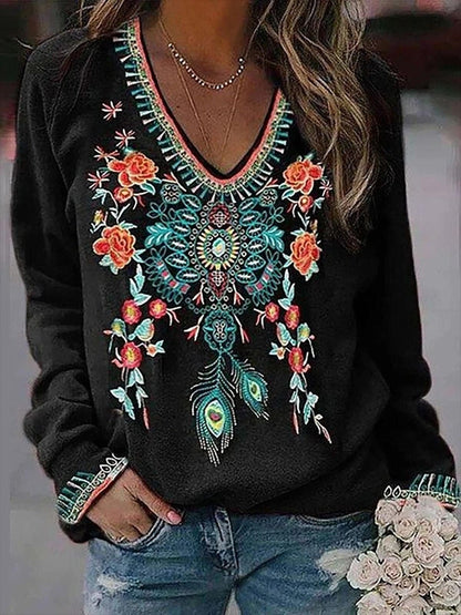 Floral Print V-Neck Long Sleeve T-Shirt