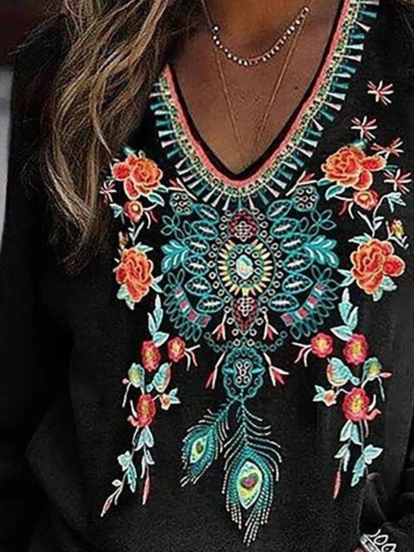 Floral Print V-Neck Long Sleeve T-Shirt