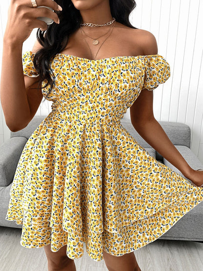 Floral Print V-Neck Ruffle Hem Dress DRE210430016S Yellow / S