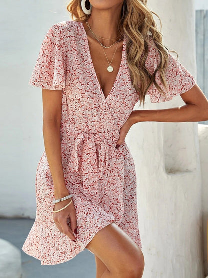 Floral Print V-neck Short Sleeve Dress DRE2106090239PINS Pink / S