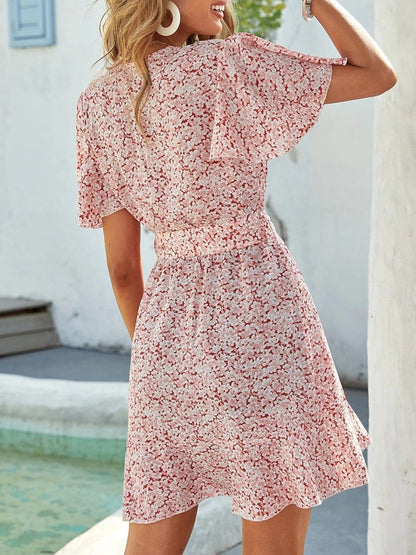 Floral Print V-neck Short Sleeve Dress