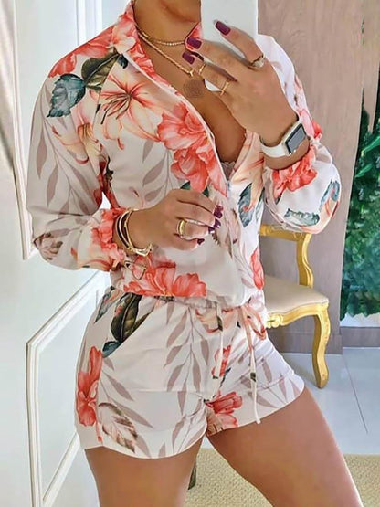 Floral Print Zipper Design Top & Shorts Set for Women