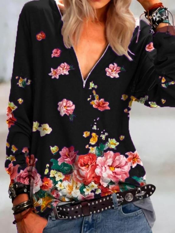 Floral Print Zipper V-neck Long Sleeve Blouse BLO210524289BLAS Black / S