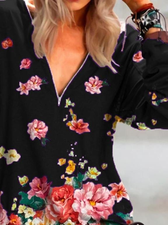 Floral Print Zipper V-neck Long Sleeve Blouse