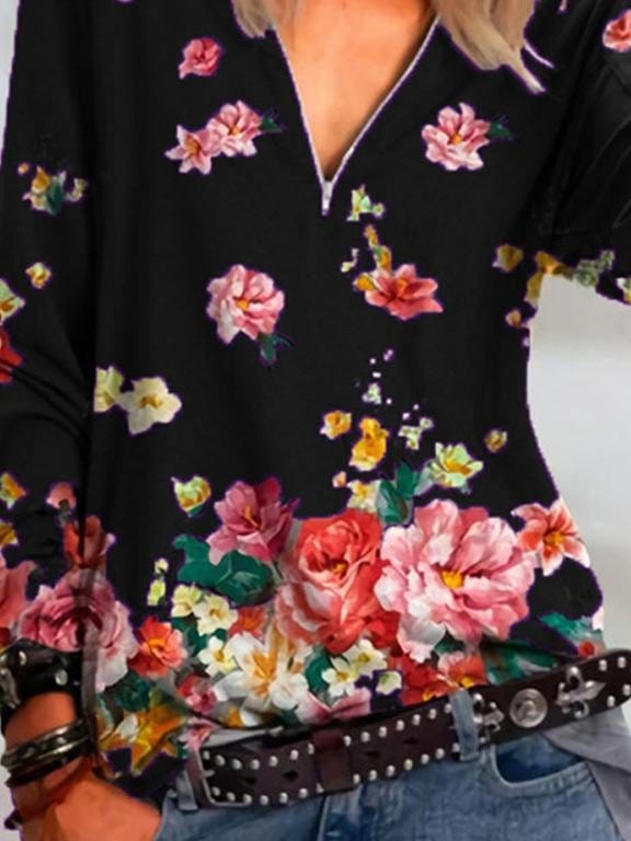 Floral Print Zipper V-neck Long Sleeve Blouse