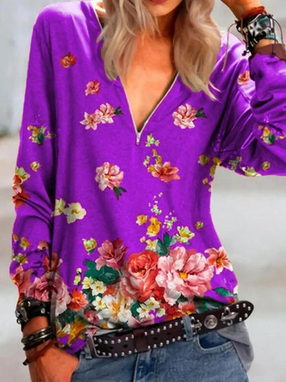 Floral Print Zipper V-neck Long Sleeve Blouse BLO210524289PURS Purple / S