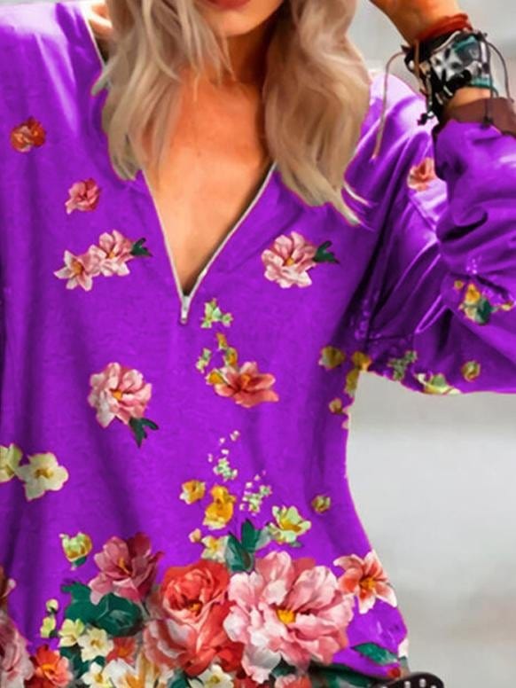 Floral Print Zipper V-neck Long Sleeve Blouse