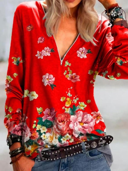 Floral Print Zipper V-neck Long Sleeve Blouse BLO210524289REDS Red / S